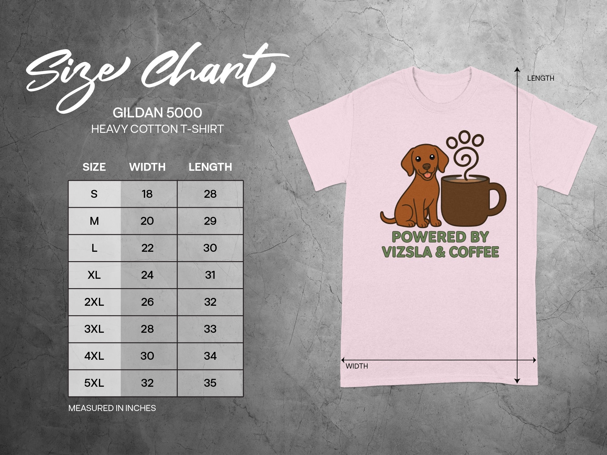 Gildan 5000 T-shirt size chart with dog and coffee mug graphic.