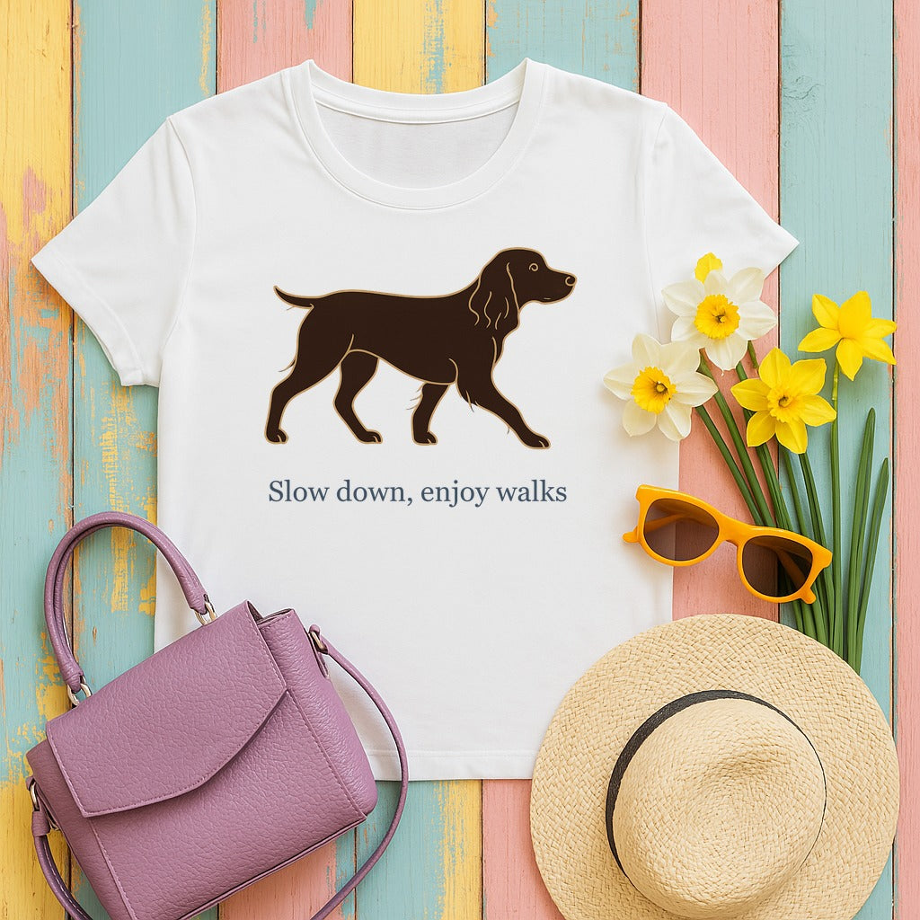 Boykin Spaniel Slow Down Enjoy Walks T-shirt in White