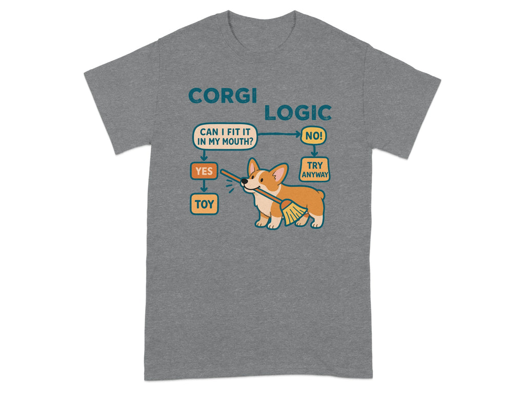 T-shirt with "Corgi Logic" flowchart and a corgi carrying a toy.