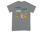 T-shirt with "Corgi Logic" flowchart and a corgi carrying a toy.