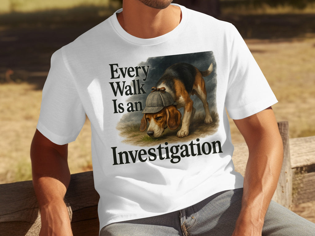 White t-shirt with beagle wearing a hat and text "Every Walk Is an Investigation."