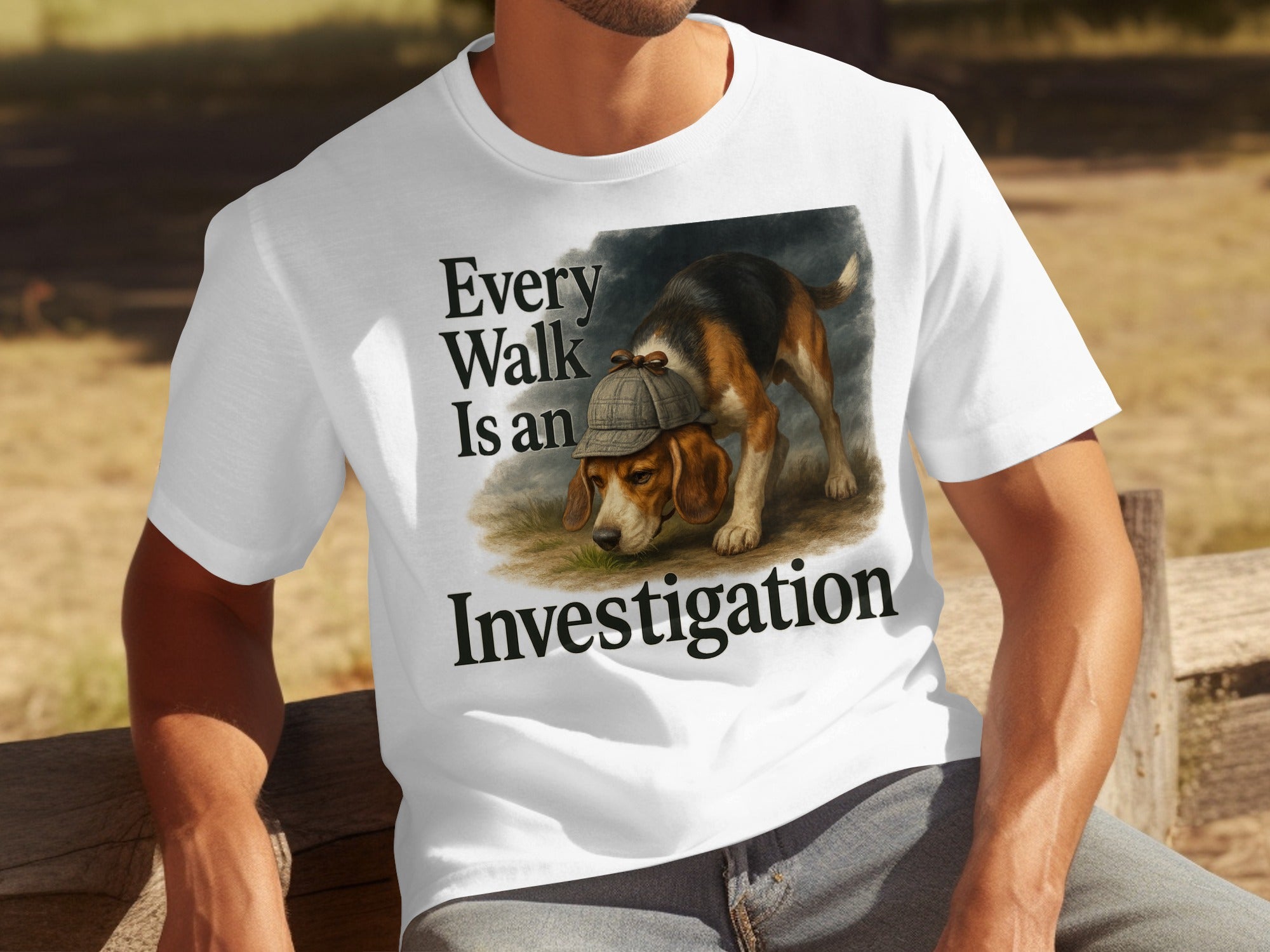 White t-shirt with beagle wearing a hat and text "Every Walk Is an Investigation."