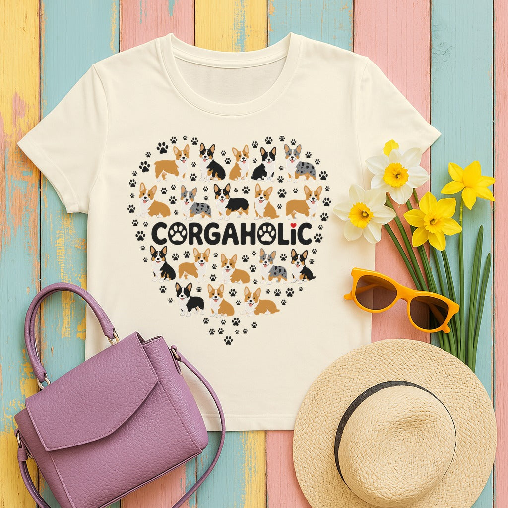 Corgi Corgaholic Heart T-Shirt in Natural
