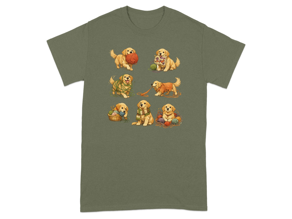 Six golden retriever puppies playing with yarn and knitting supplies.