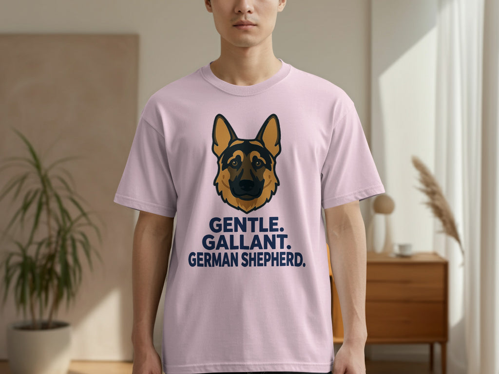 Pink t-shirt with "GENTLE. GALLANT. GERMAN SHEPHERD." text and dog graphic.