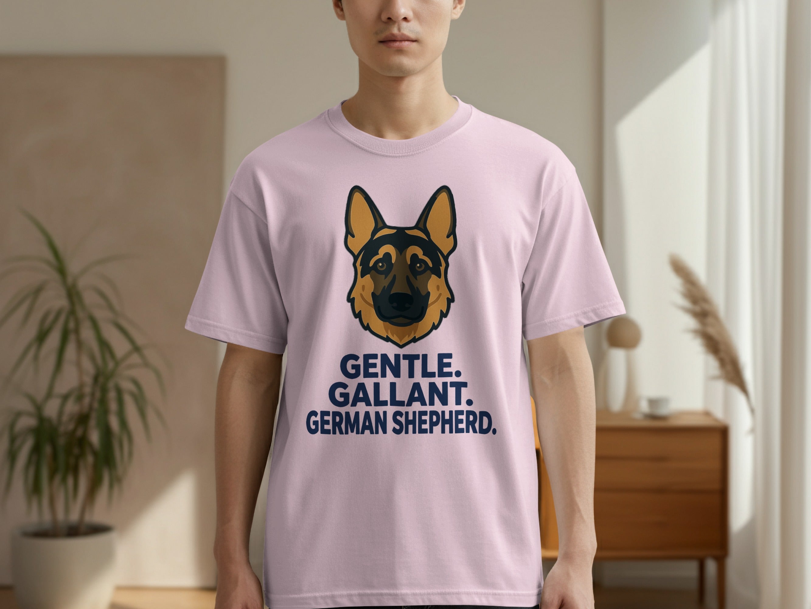 Pink t-shirt with "GENTLE. GALLANT. GERMAN SHEPHERD." text and dog graphic.