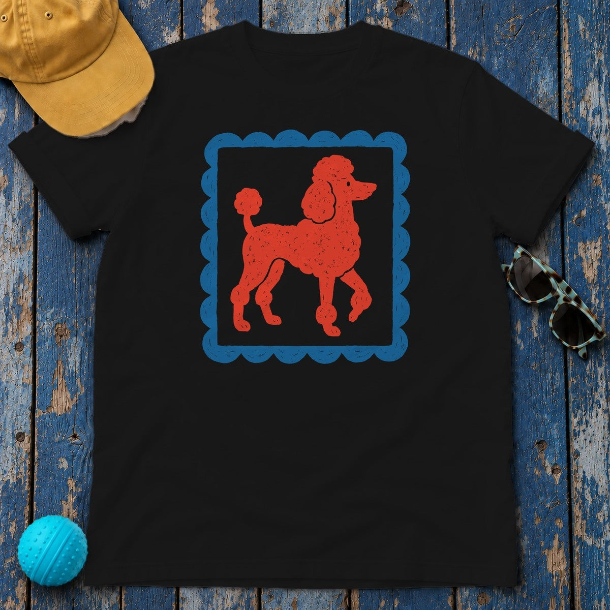 Cute Red Poodle Stamp Style Design in Blue Frame T-Shirt in Black