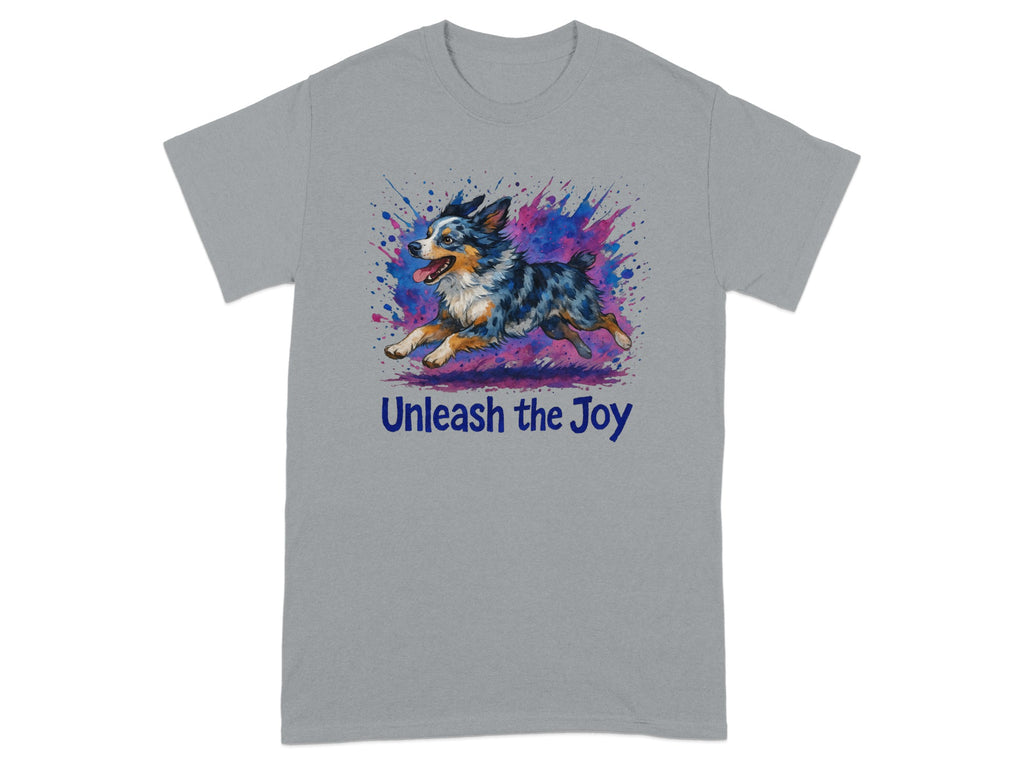 Grey t-shirt with a running dog and "Unleash the Joy" text.
