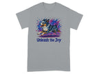 Grey t-shirt with a running dog and "Unleash the Joy" text.