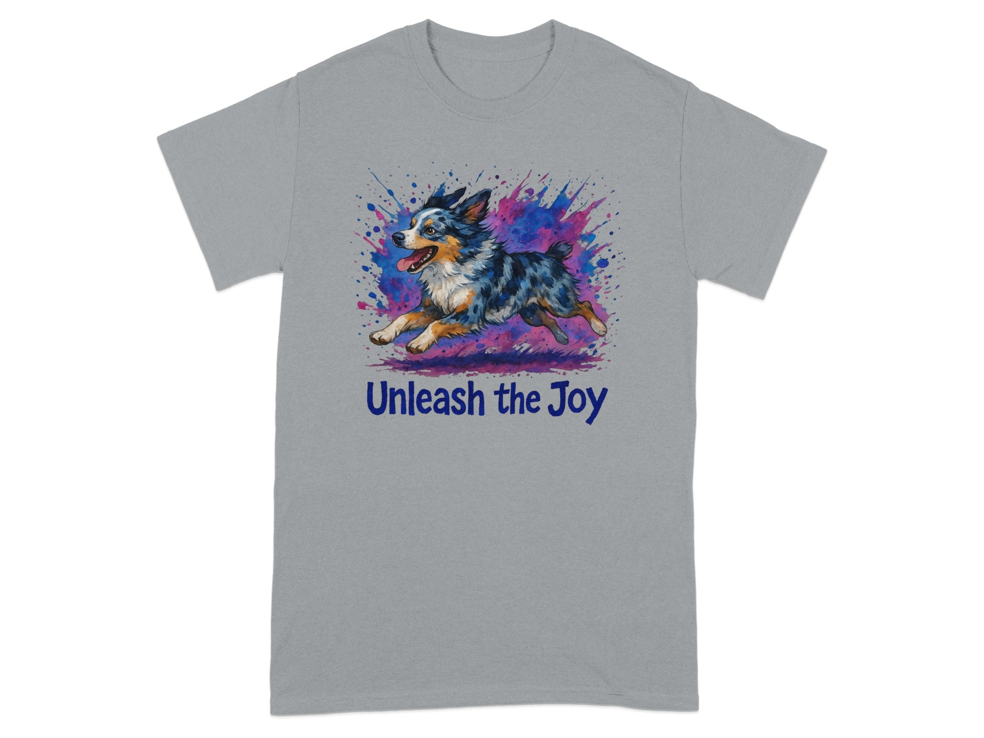 Grey t-shirt with a running dog and "Unleash the Joy" text.