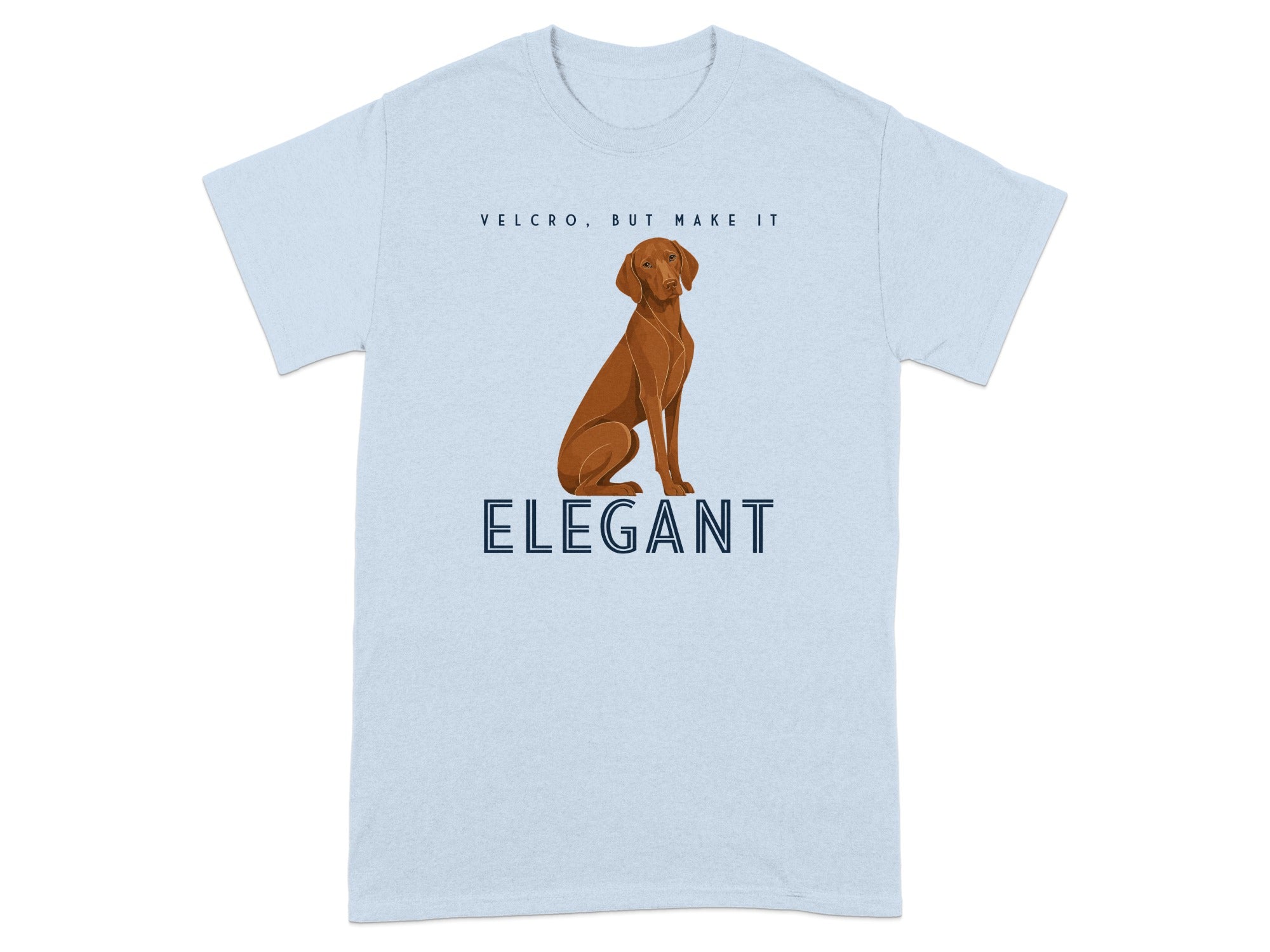 Light blue t-shirt with a brown dog and "ELEGANT" text.