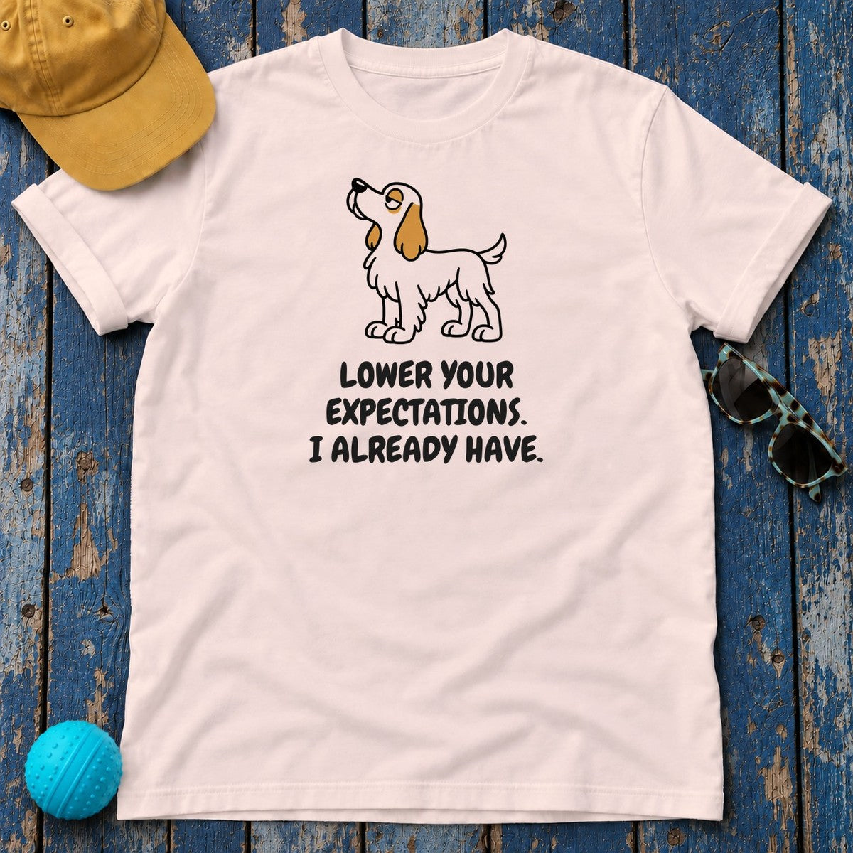 Clumber Spaniel Lower Your Expectations Tee in Soft Pink