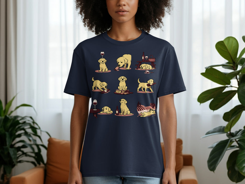T-shirt with cartoon yellow labs and wine elements in a playful grid design.