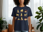 T-shirt with cartoon yellow labs and wine elements in a playful grid design.