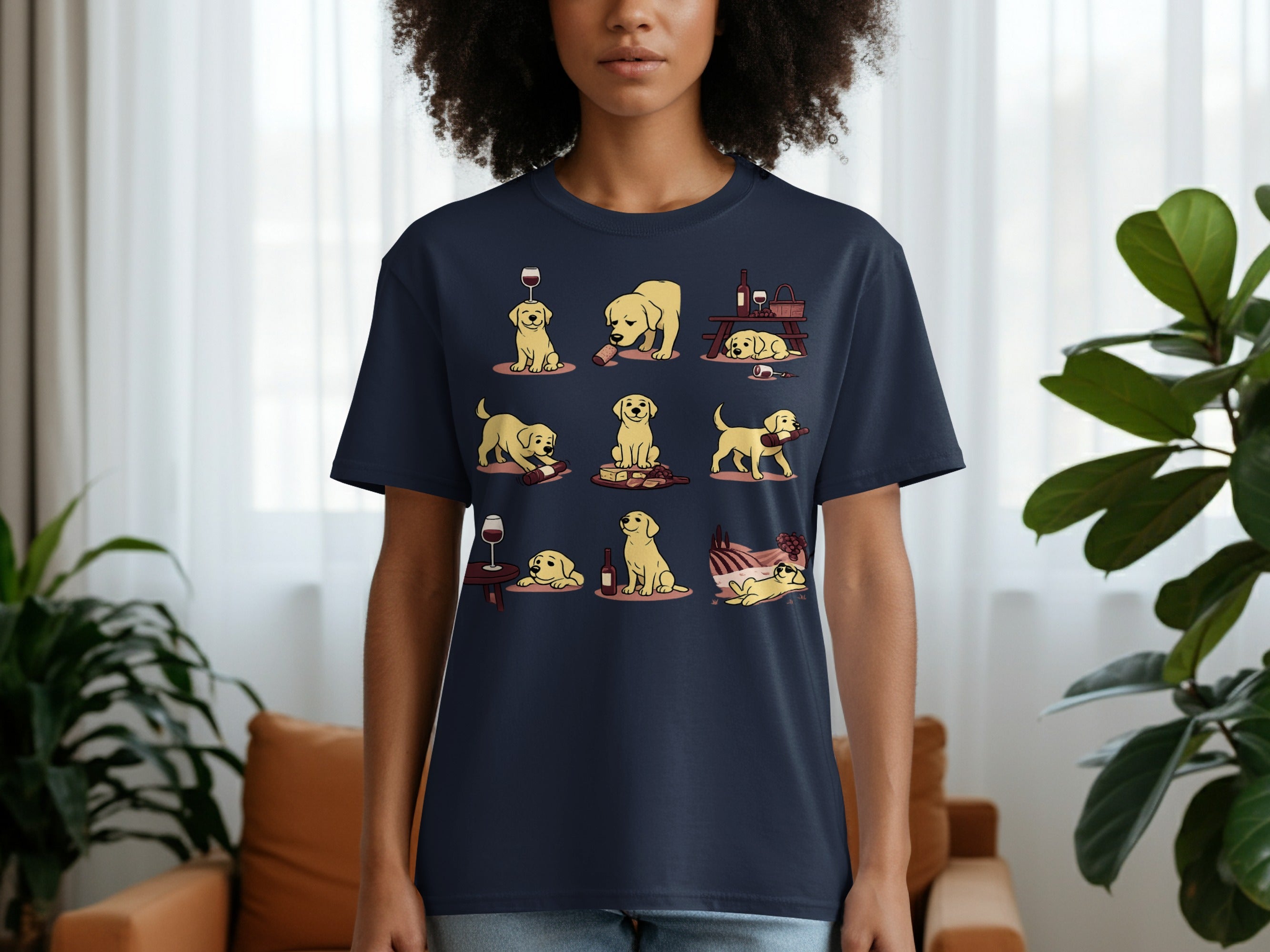 T-shirt with cartoon yellow labs and wine elements in a playful grid design.