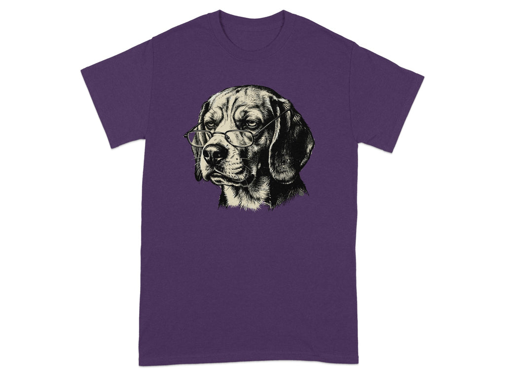 T-shirt with a black and white sketch of a beagle wearing glasses.
