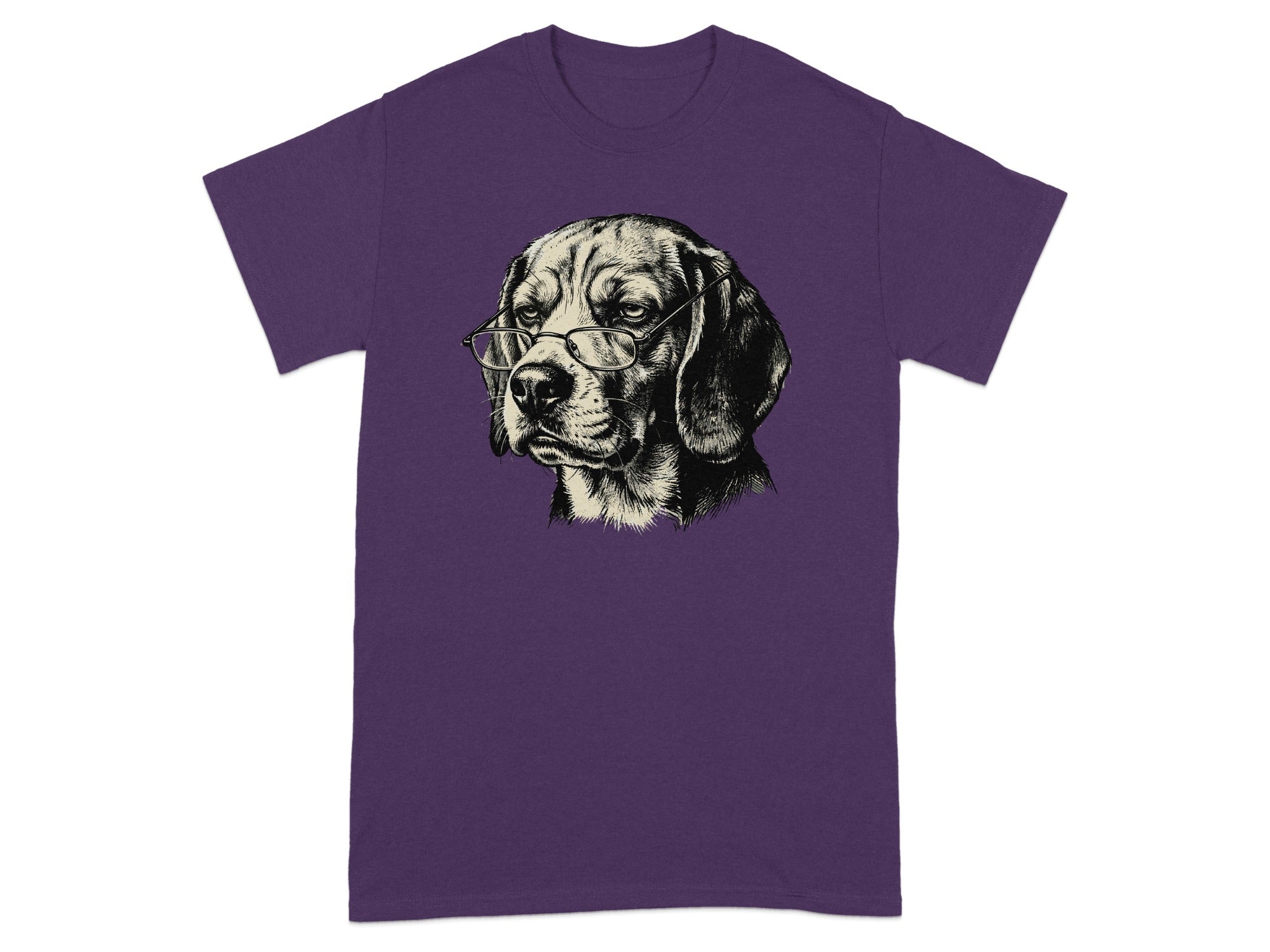 T-shirt with a black and white sketch of a beagle wearing glasses.
