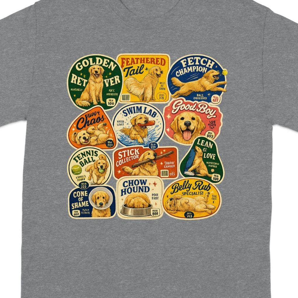 T-shirt with multiple vintage-style dog breed awards and patches.