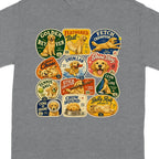 T-shirt with multiple vintage-style dog breed awards and patches.