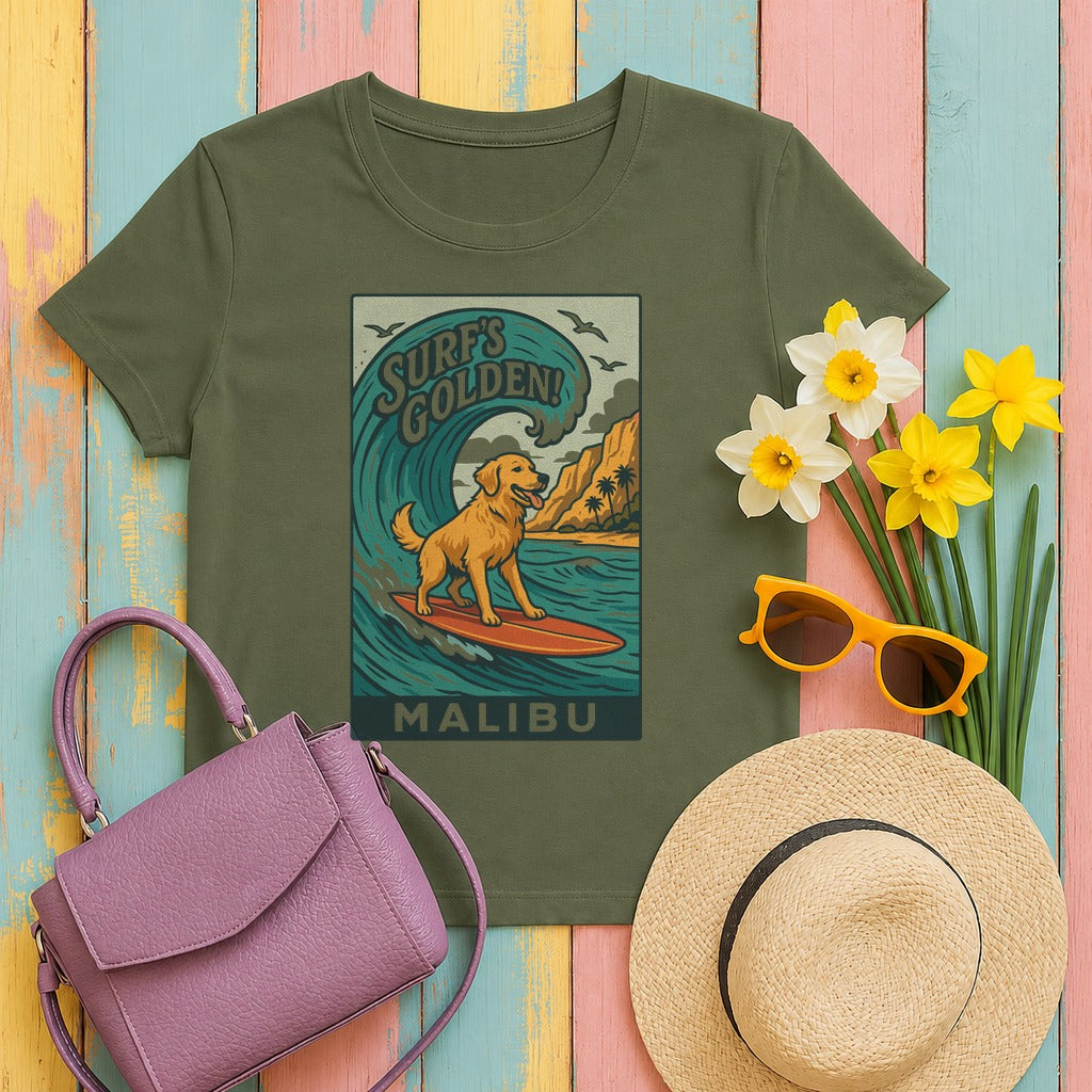 Surf's Golden Malibu Surfing Golden Retriever Dog T-Shirt in Military Green