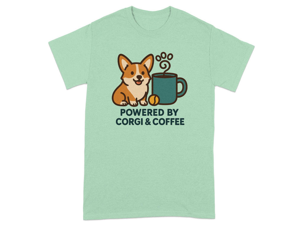Light green t-shirt with a corgi, coffee cup, and text "POWERED BY CORGI & COFFEE".