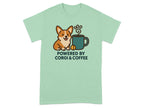 Light green t-shirt with a corgi, coffee cup, and text "POWERED BY CORGI & COFFEE".