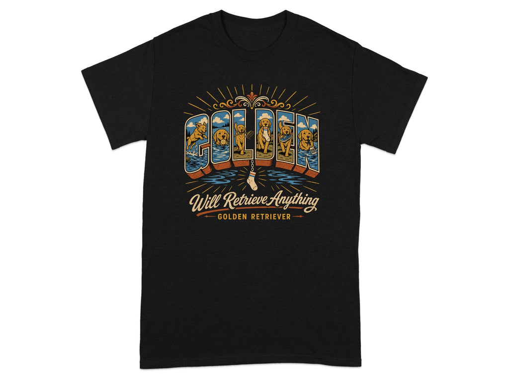 Black t-shirt with vintage postcard design of golden retrievers and text "Will Retrieve Anything".