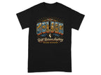 Black t-shirt with vintage postcard design of golden retrievers and text "Will Retrieve Anything".