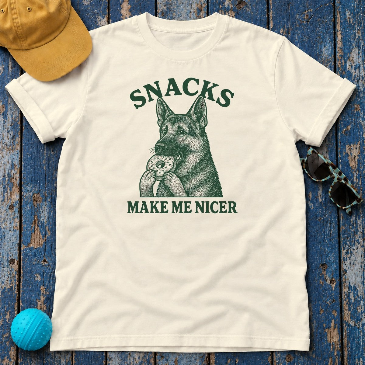 Snacks Make Me Nicer Funny German Shepherd With Donut Cute T-Shirt in Natural