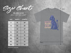 Gildan 5000 heavy cotton t-shirt sizing chart with poodle graphic.