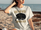 White t-shirt with black sleeping dog graphic and text "BUILT FOR SPEED, CHOOSING SLEEP."