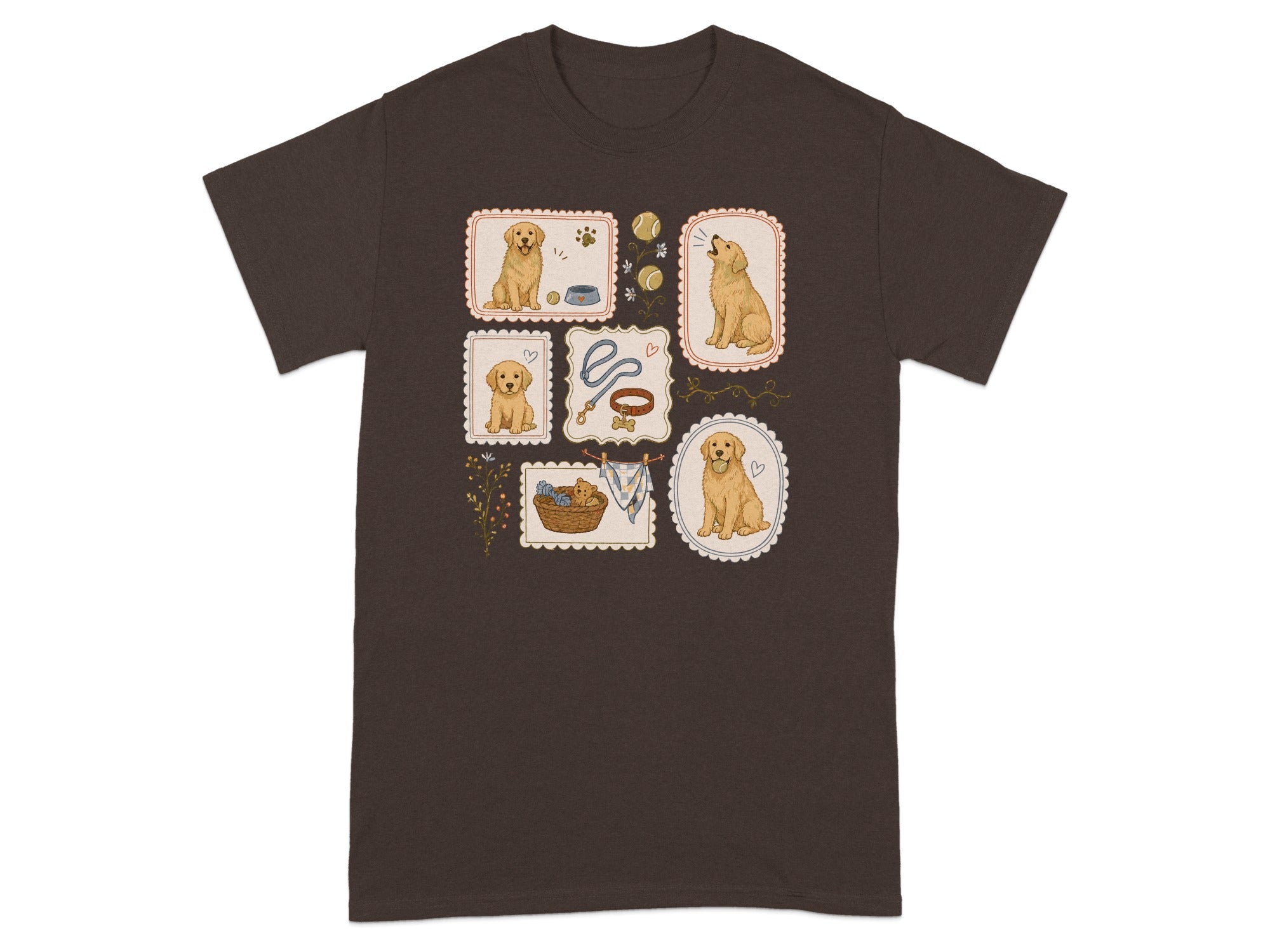 Collection of golden retriever illustrations in framed squares on a dark brown t-shirt.