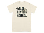 T-shirt with "FAST. GENTLE. RETIRED." text and dog illustration.