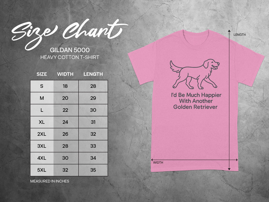 Gildan 5000 size chart for a pink t-shirt with a Golden Retriever graphic.