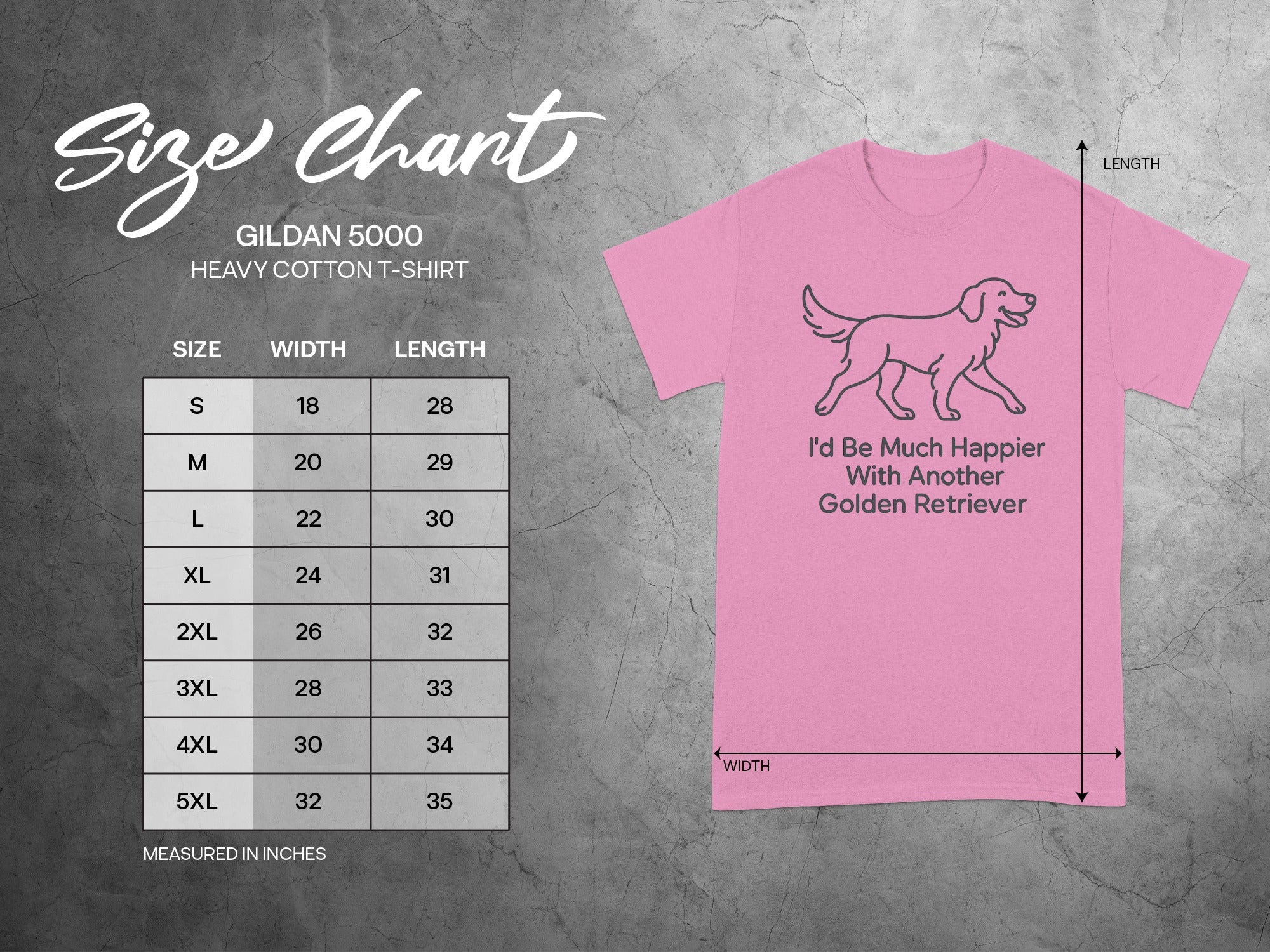 Gildan 5000 size chart for a pink t-shirt with a Golden Retriever graphic.