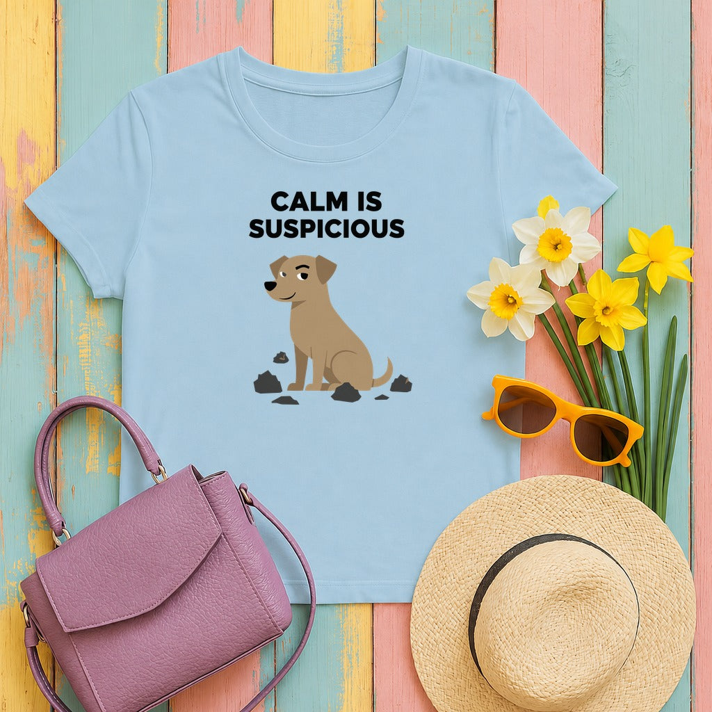 CALM IS SUSPICIOUS Dog Graphic Humorous Quote T-Shirt in Light Blue