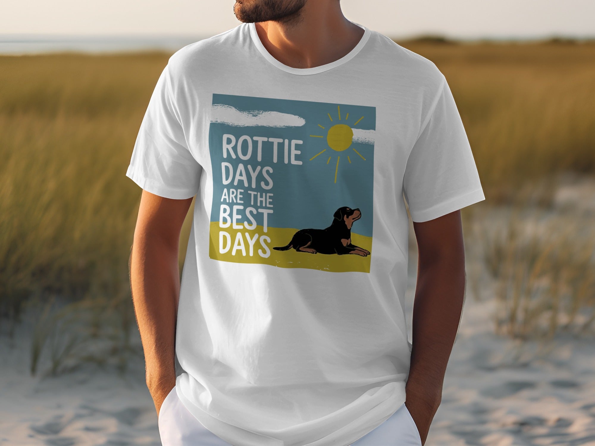 White t-shirt with "Rotties Days Are The Best Days" and a Rottweiler dog graphic.