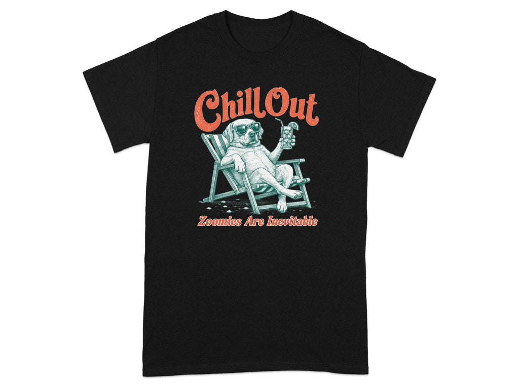 Black t-shirt with a dog in sunglasses relaxing in a lounge chair, holding a drink.