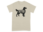 Setter word inside black silhouette dog on tan t-shirt.