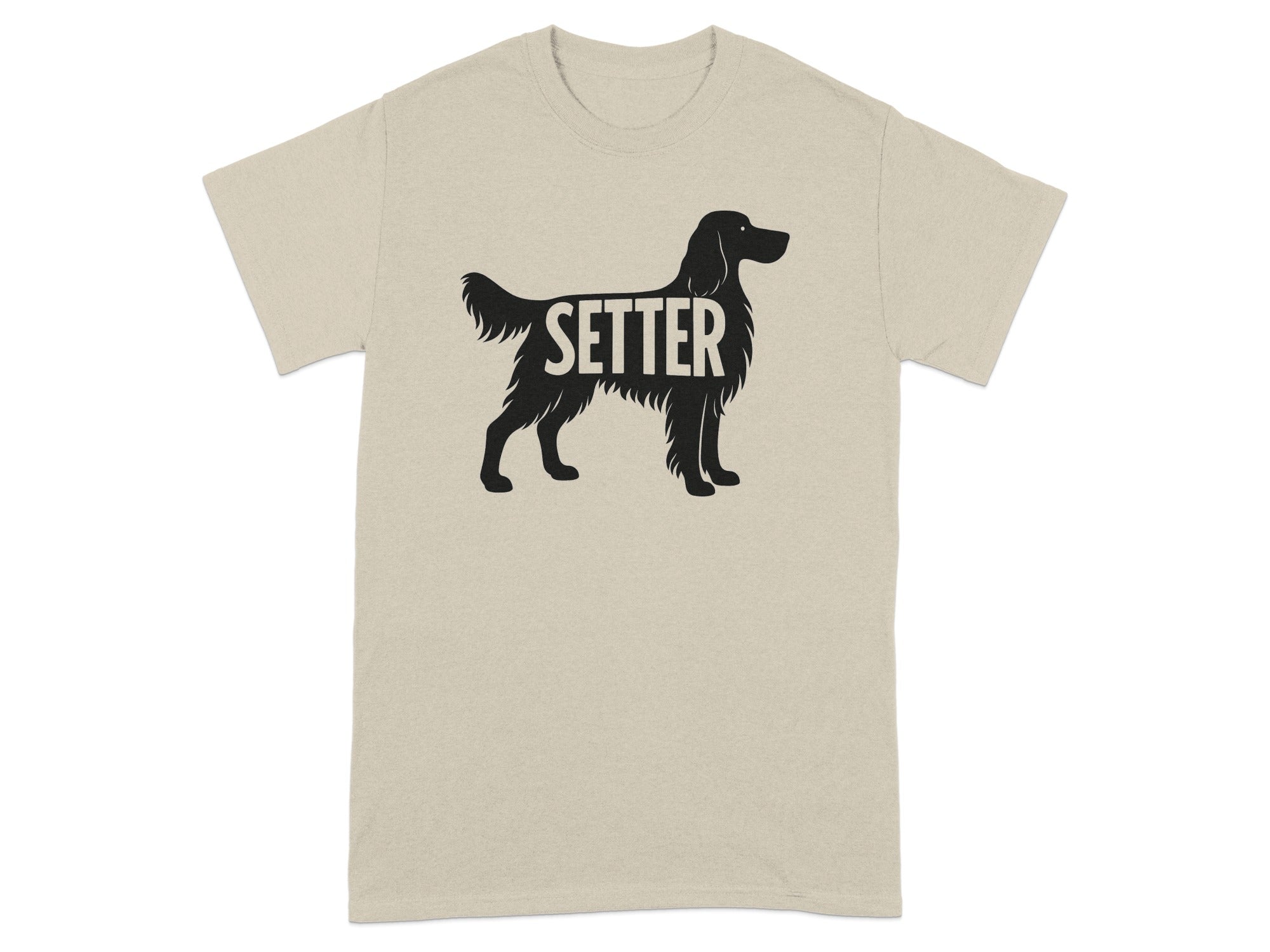 Setter word inside black silhouette dog on tan t-shirt.