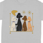 Four poodles in different colors sit on a gold rack with abstract shapes.