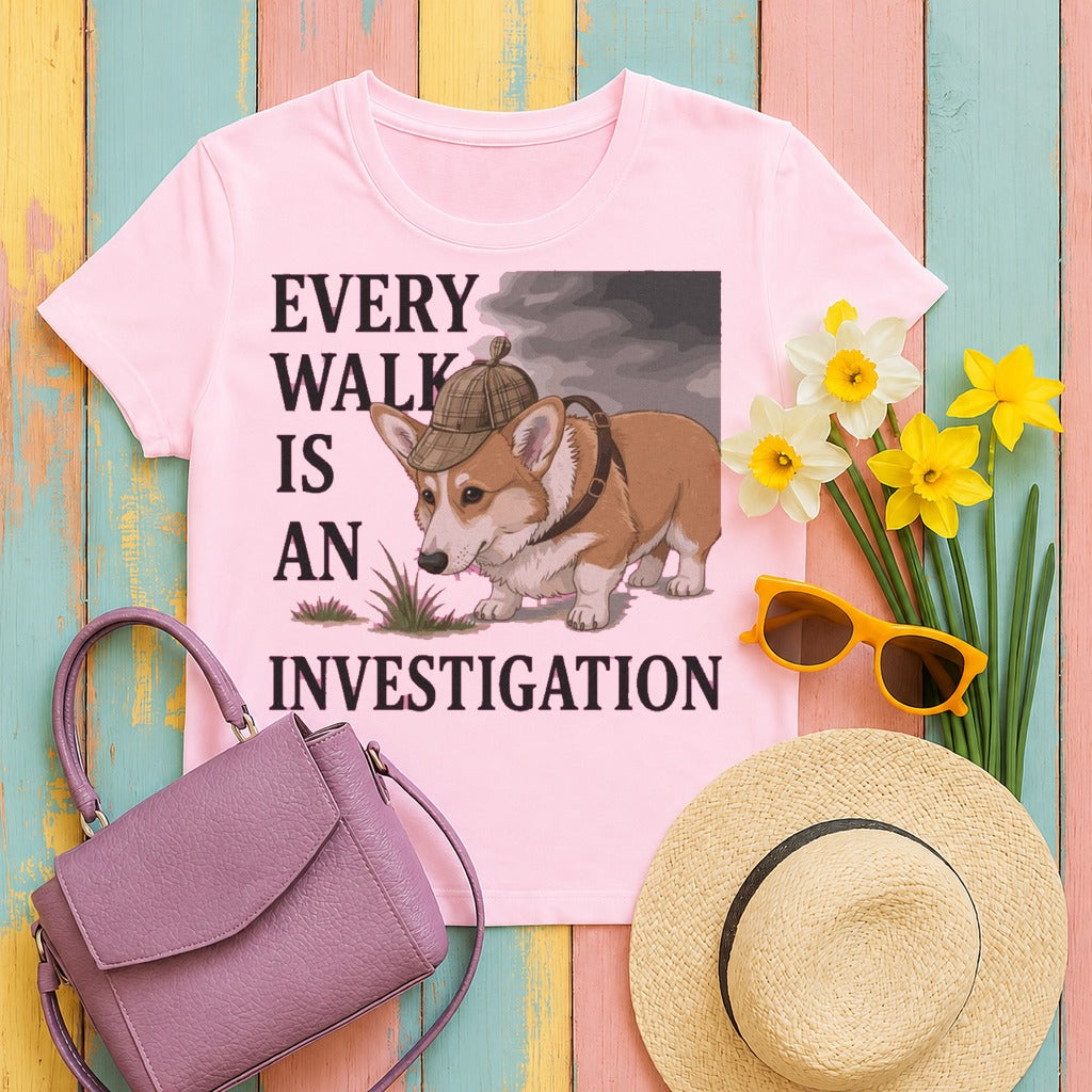 Every Walk Corgi Dog Detective T-Shirt - light pink