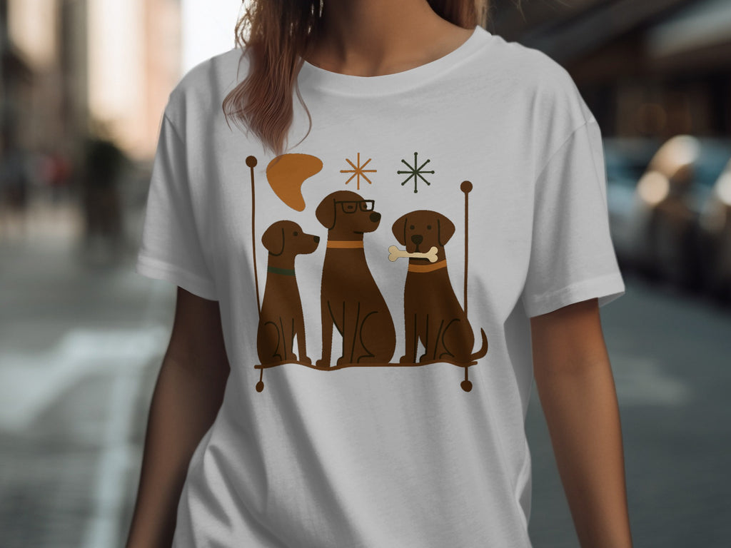 Three brown dogs with distinct collars and features sit in a line on a white t-shirt.