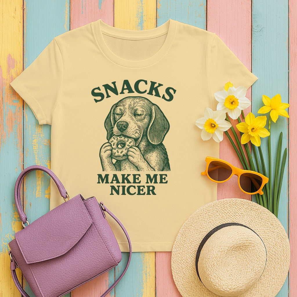 Snacks Make Me Nicer Dog with Beagle T-Shirt in Yellow Haze