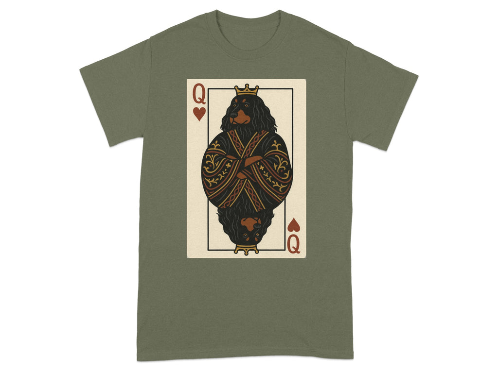 Queen of Hearts playing card graphic featuring a crowned dog with folded arms.