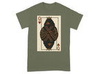 Queen of Hearts playing card graphic featuring a crowned dog with folded arms.