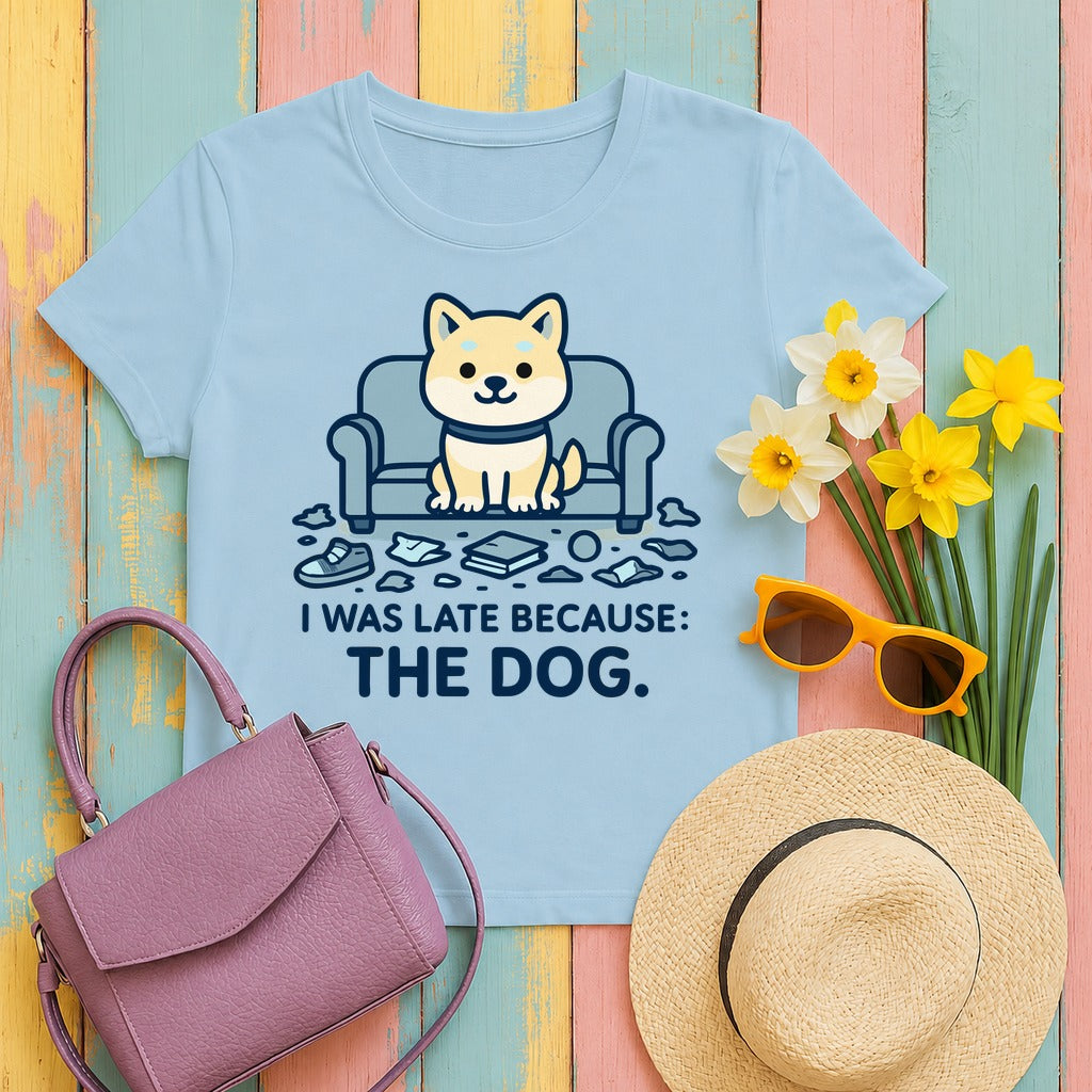 I Was Late Because The Dog Shiba T-Shirt in Light Blue