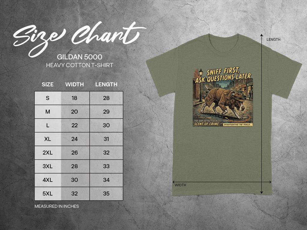 Gildan 5000 size chart for Heavy Cotton T-shirts with graphic of a dog detective.
