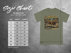 Gildan 5000 size chart for Heavy Cotton T-shirts with graphic of a dog detective.