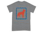 Gray T-shirt with Red Dog Inside Blue Border Design